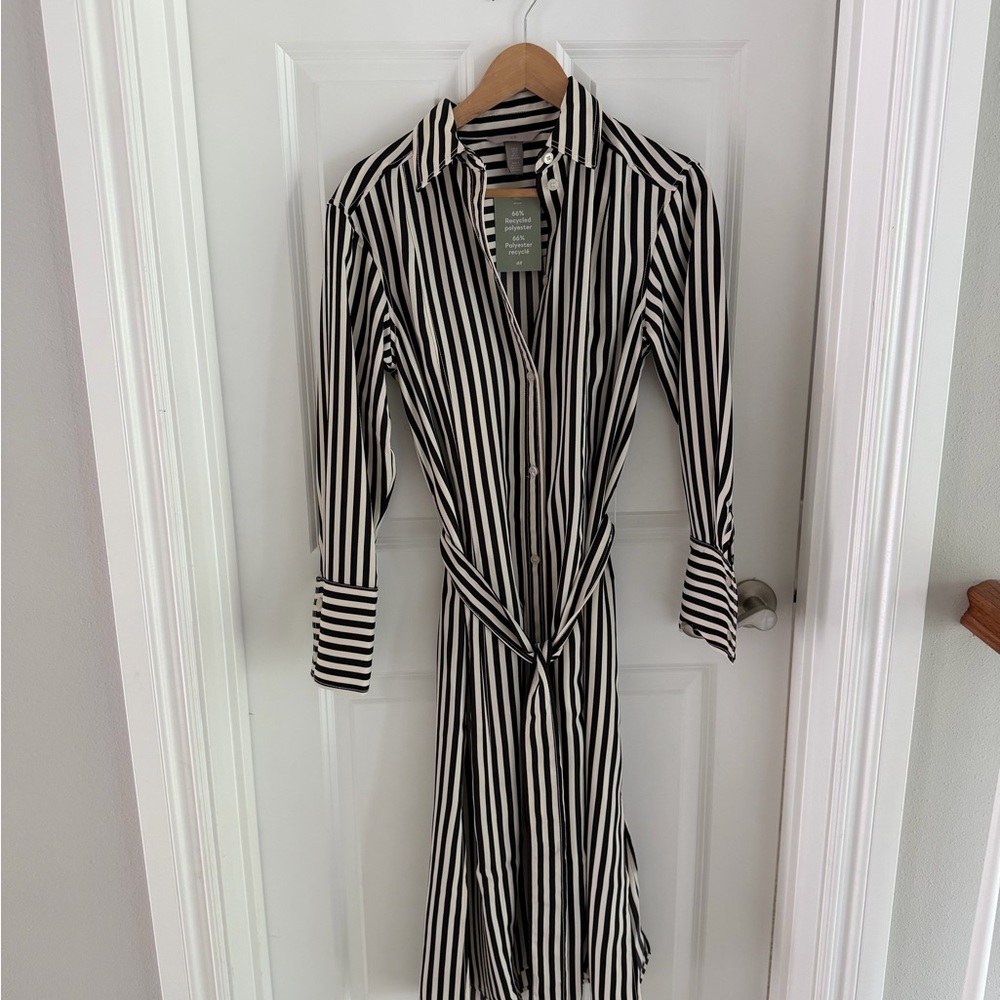 H&M Black and White Striped Long Sleeve midi Dress with belt xs nwt